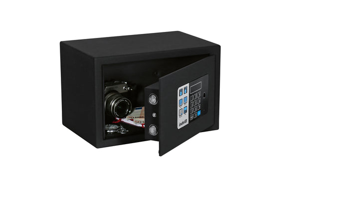 Black Indel B safe with the door open and a camera inside