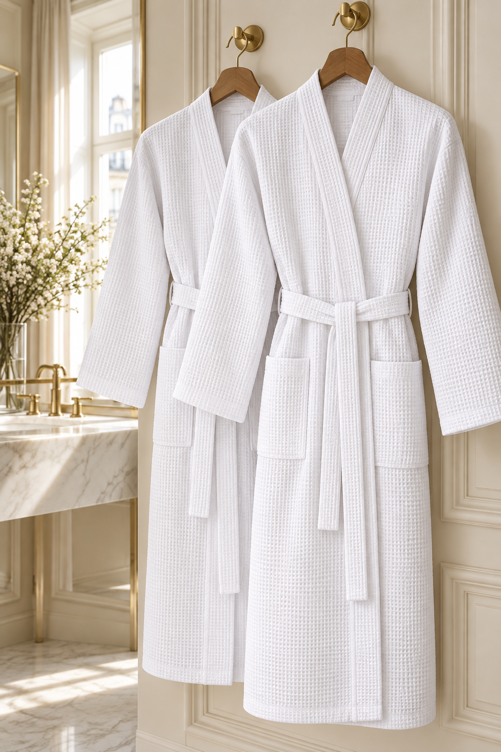 Vohvelikylpytakki Hotel Lux No Problem Kimono, valkoinen – kaksi kylpytakkia puuhenkareissa, materiaalin ja kauluksen lähikuva – vaalea pariisilainen kylpyhuone