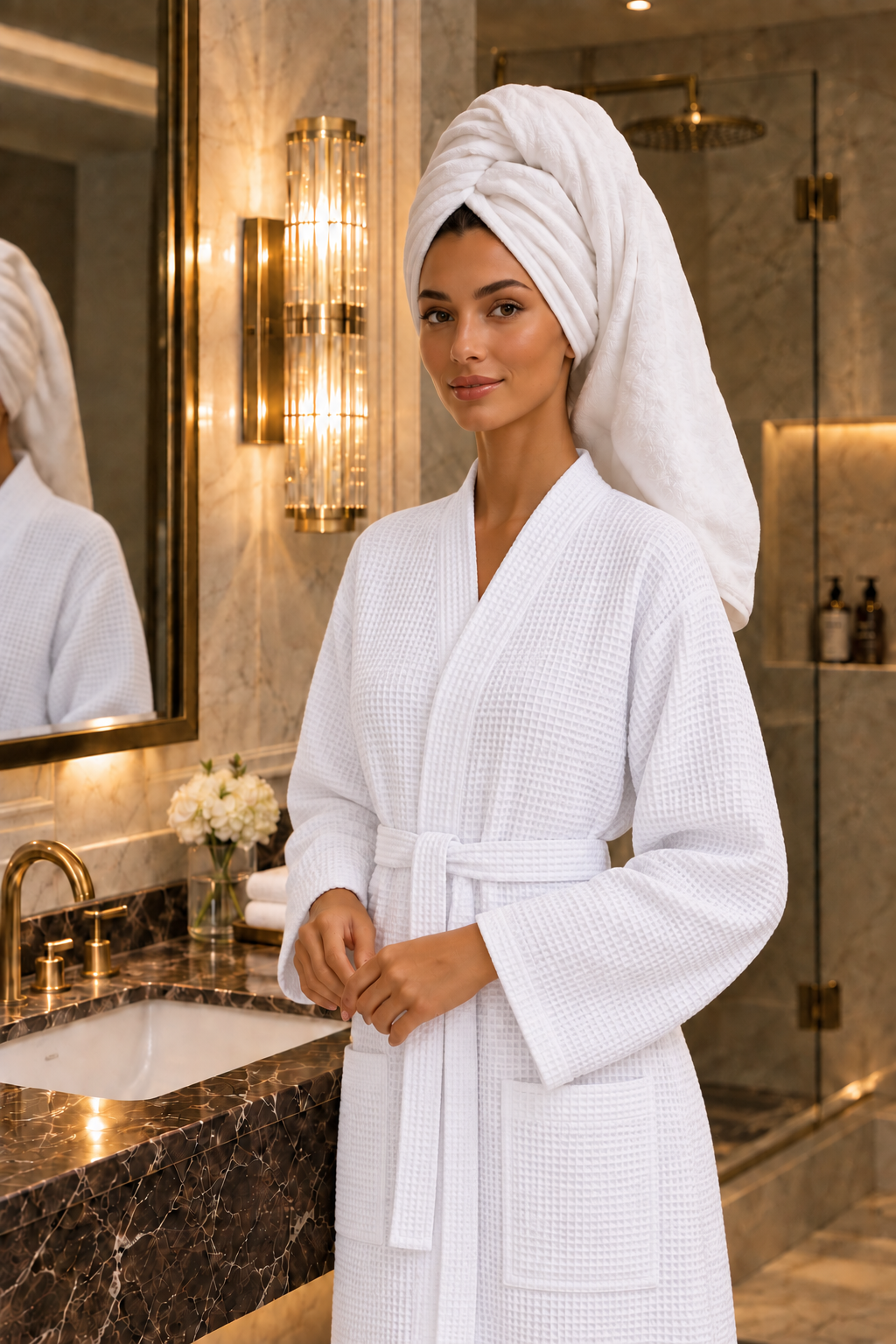 Vohvelikylpytakki Hotel Lux No Problem Kimono, valkoinen – kameraan katsova naismalli, valkoinen pyyhe päässä